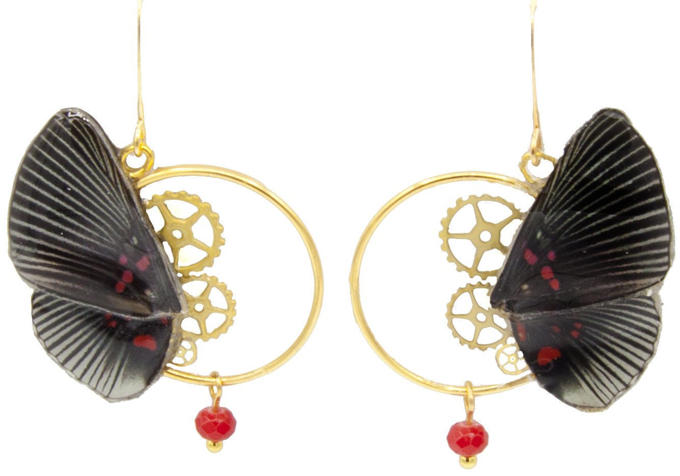 Détail boucles Minimago Lyropterix Apolonia – aile papillon noir rouge laiton doré engrenage fait main Hérault