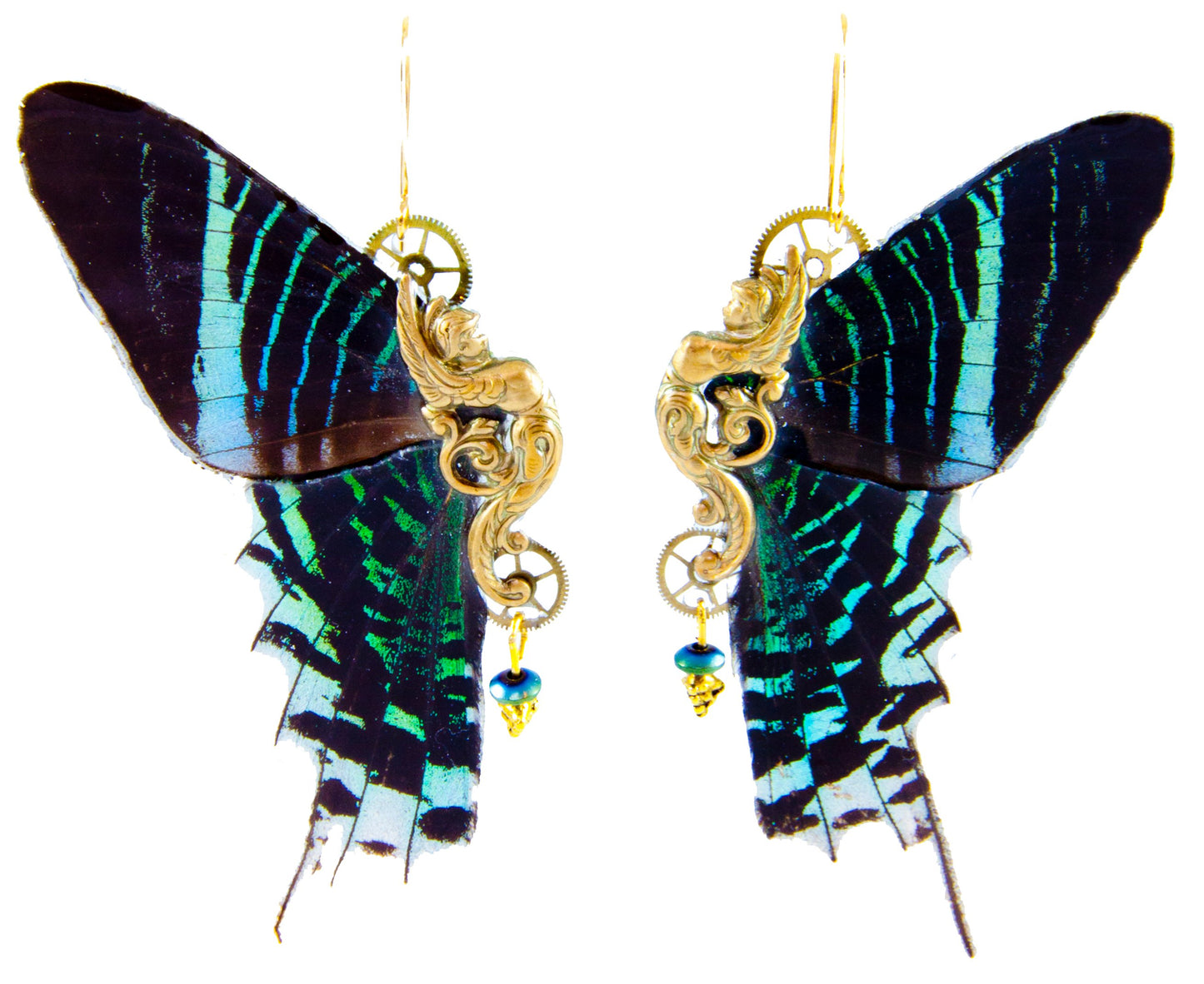Détail boucles Sphynx Urania Ripheus – aile papillon noir bleu vert engrenage montre ancienne fait main