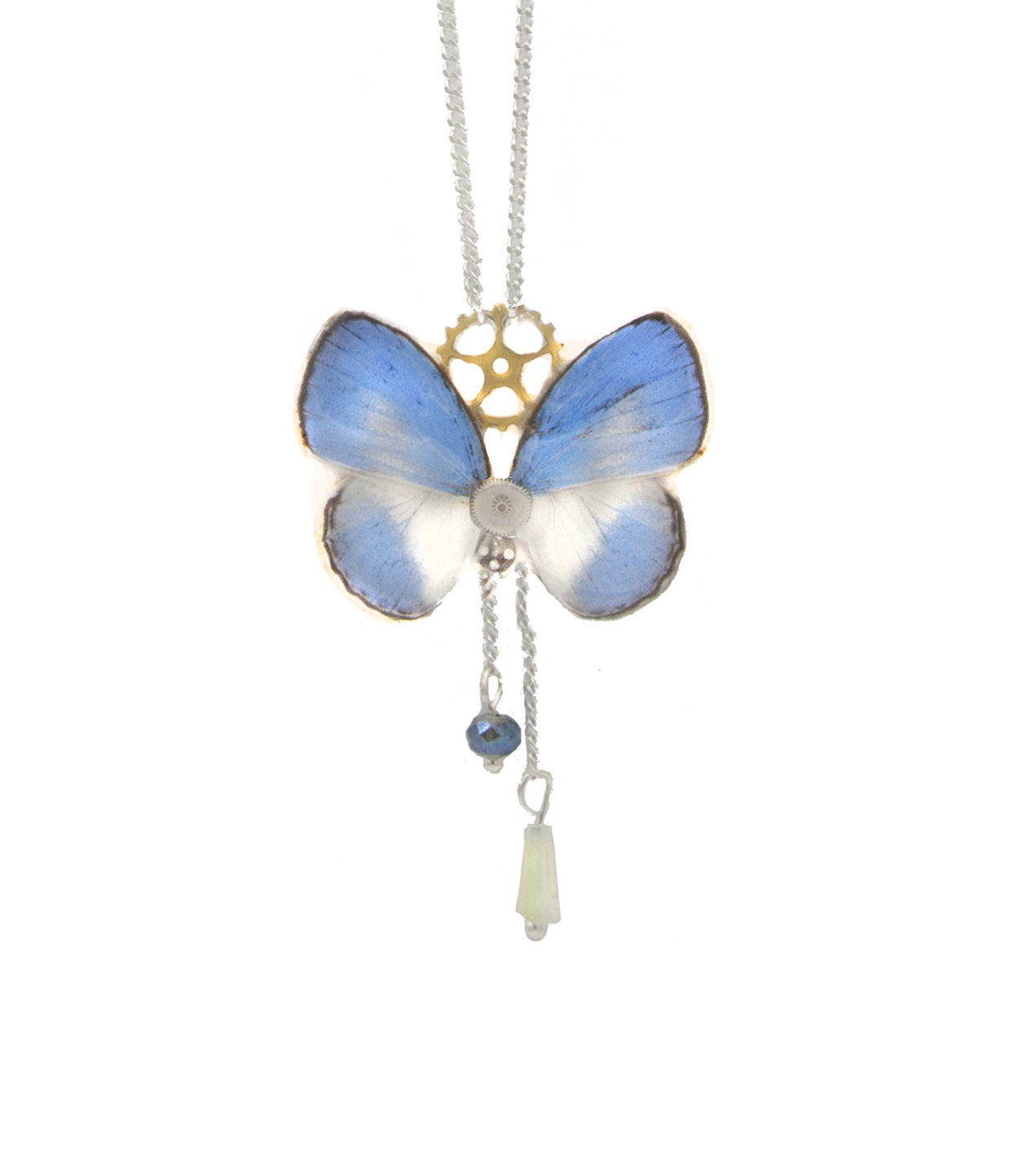 Collier Aponi papillon Jamides Euchylas bleu ciel irisé – engrenage horlogerie doré Art Nouveau | Victorian Rehab