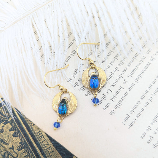 Boucles d'oreille Amon Râ bleu – bijou scarabée égyptien, Égypte antique | Victorian Rehab