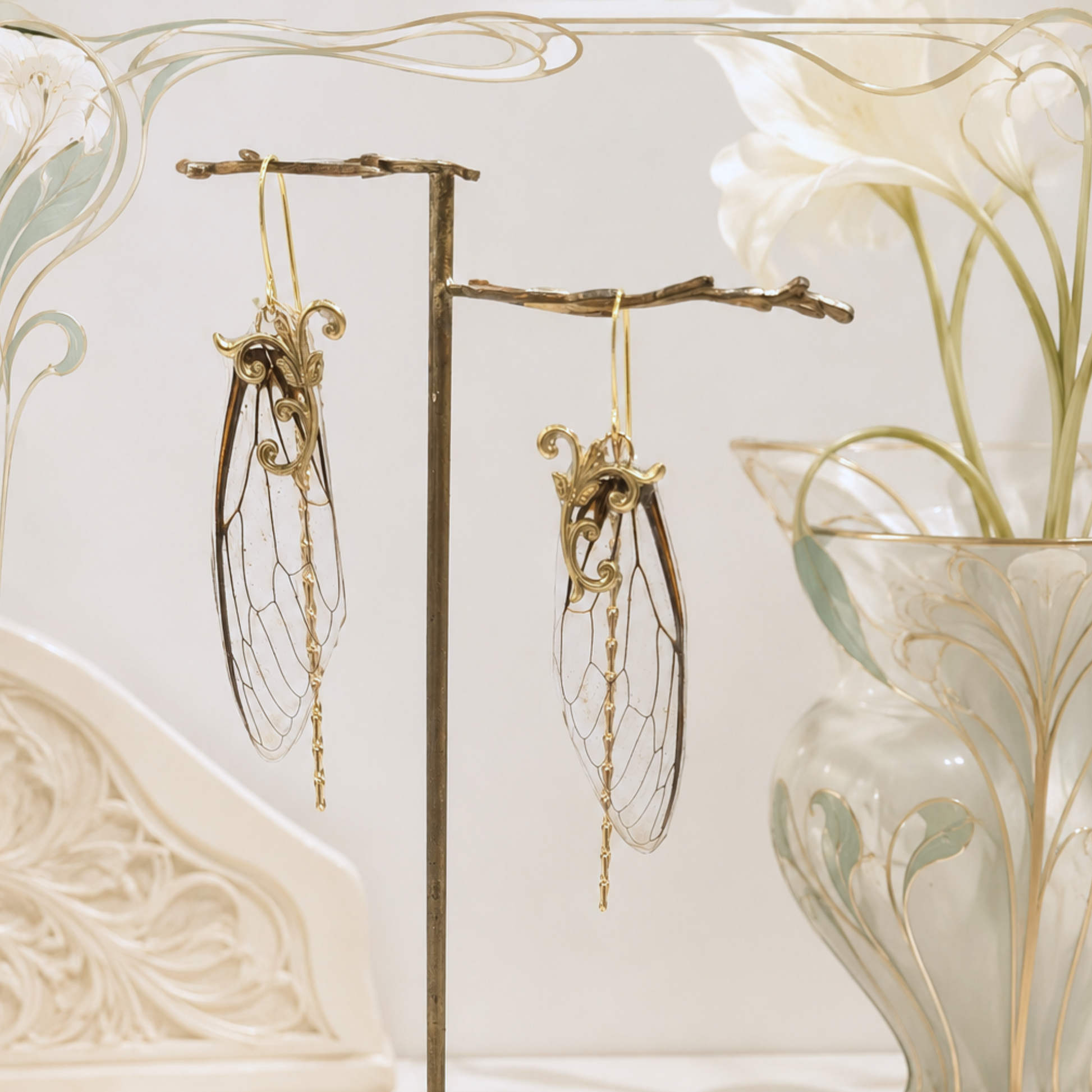Boucles Gallé ailes de cigale portées – bijou fairycore cabinet de curiosité Victorian Rehab