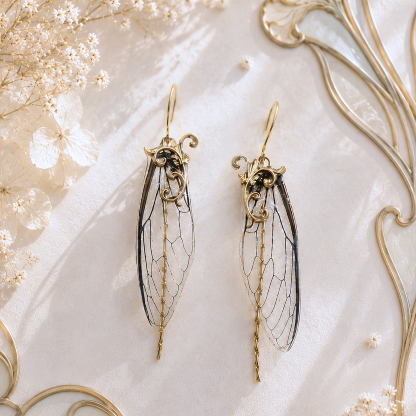 Boucles d'oreille Gallé ailes de cigale dorées – estampe Art Nouveau ailes de fée | Victorian Rehab