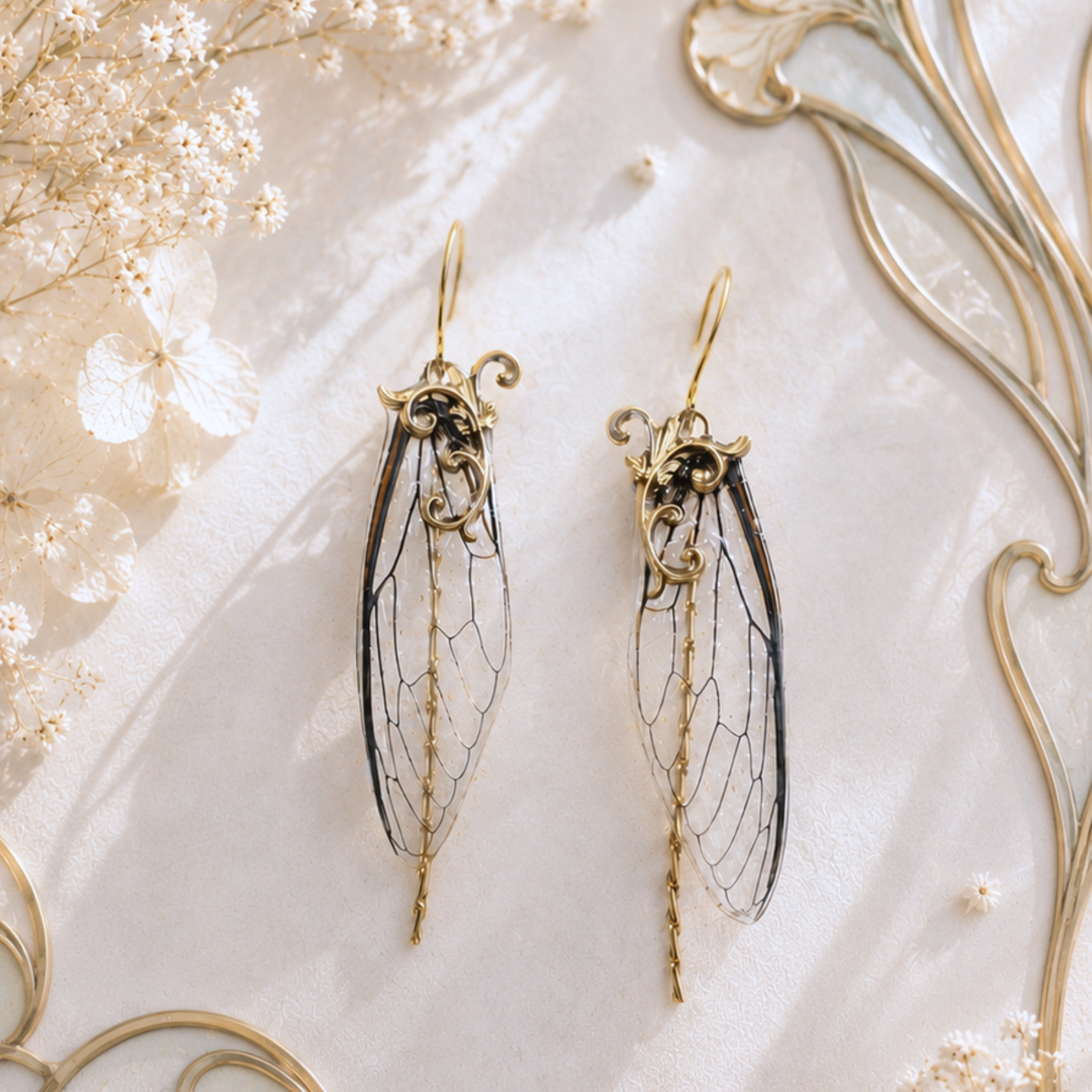 Boucles d'oreille Gallé ailes de cigale dorées – estampe Art Nouveau ailes de fée | Victorian Rehab