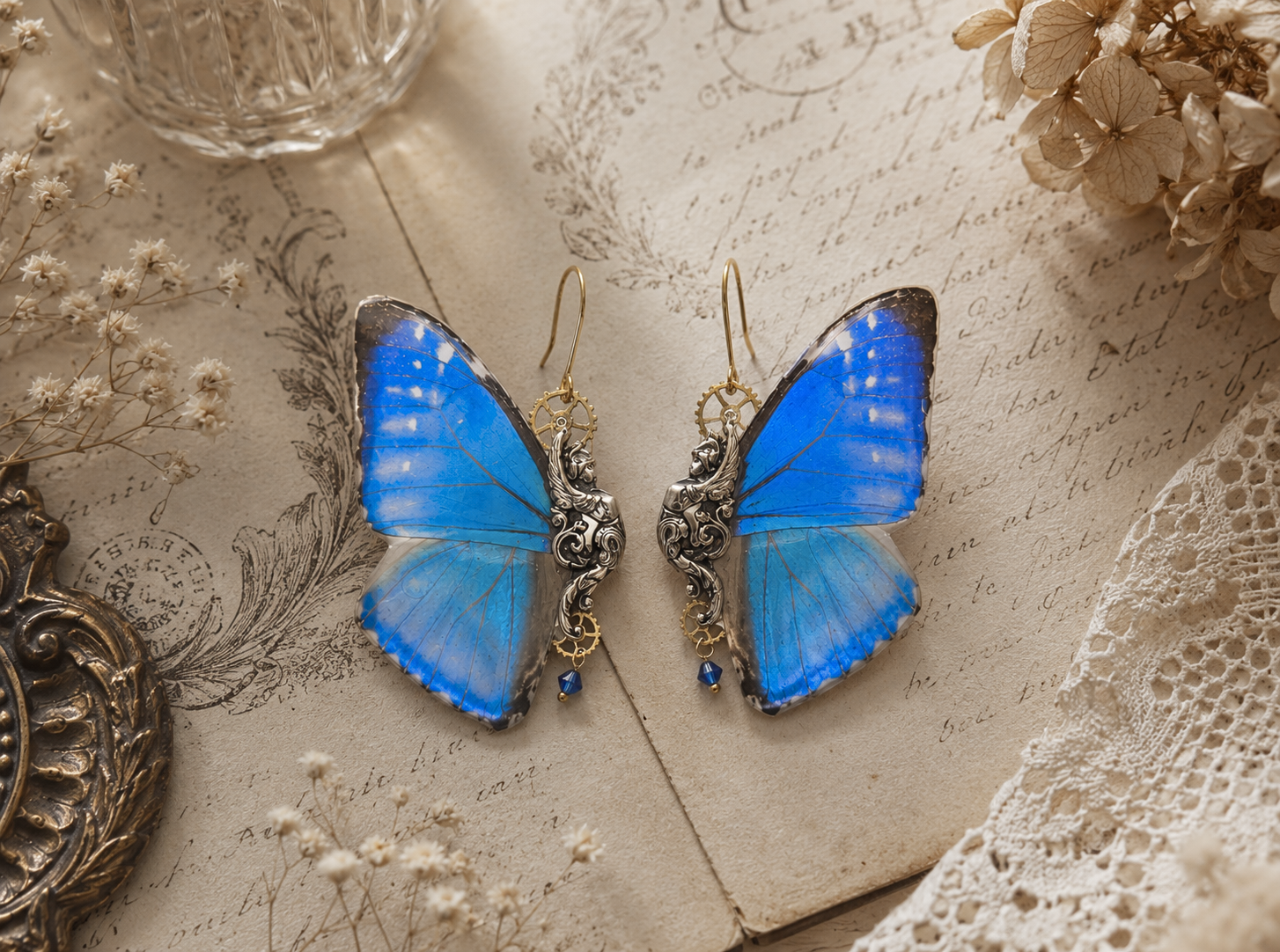 Boucles d'oreille Sphynx Morpho Zephyritis dorées – bijou Art Nouveau Victorian Rehab