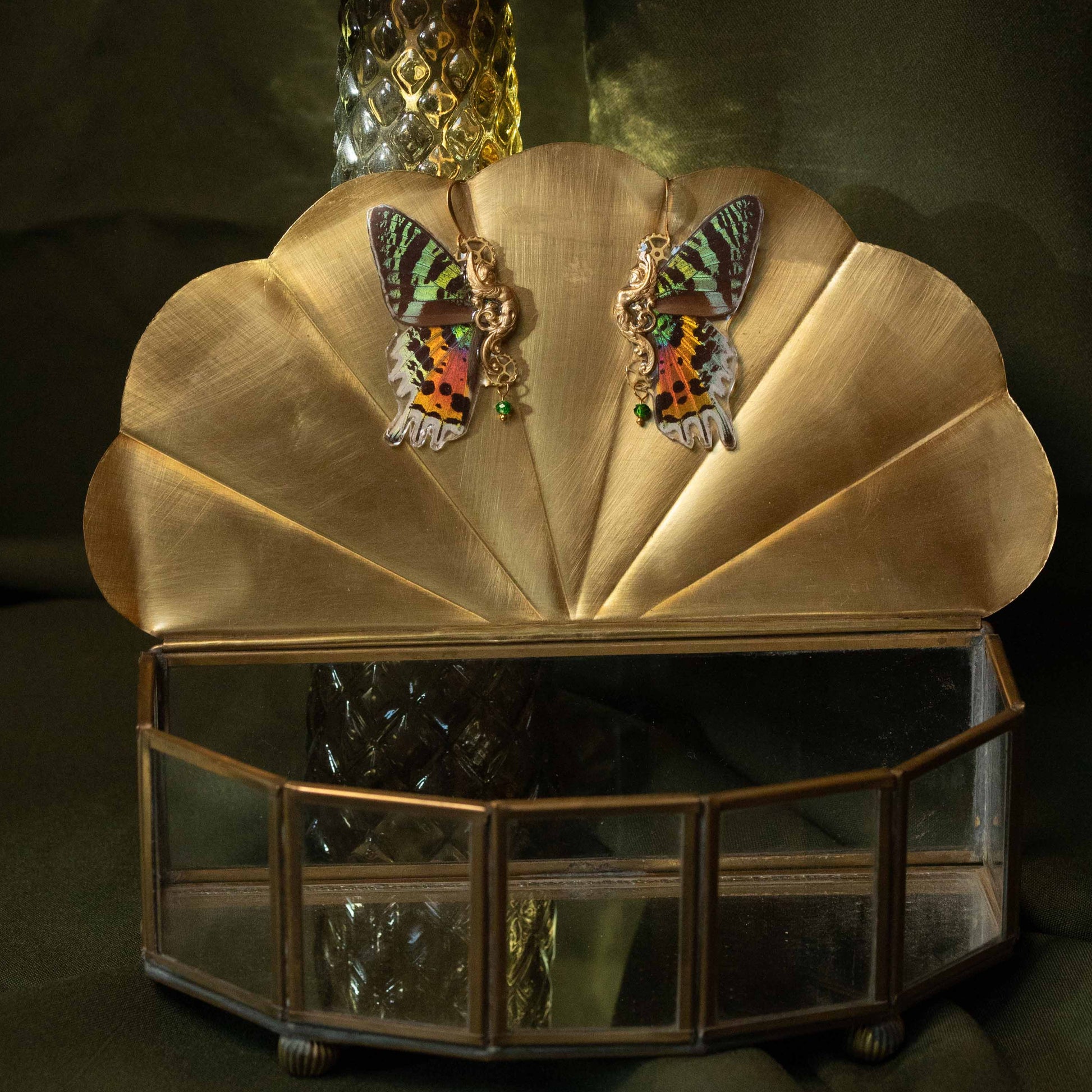 Boucles d'oreille Sphynx Sunset Moth – véritables ailes de papillon Urania Ripheus | Victorian Rehab