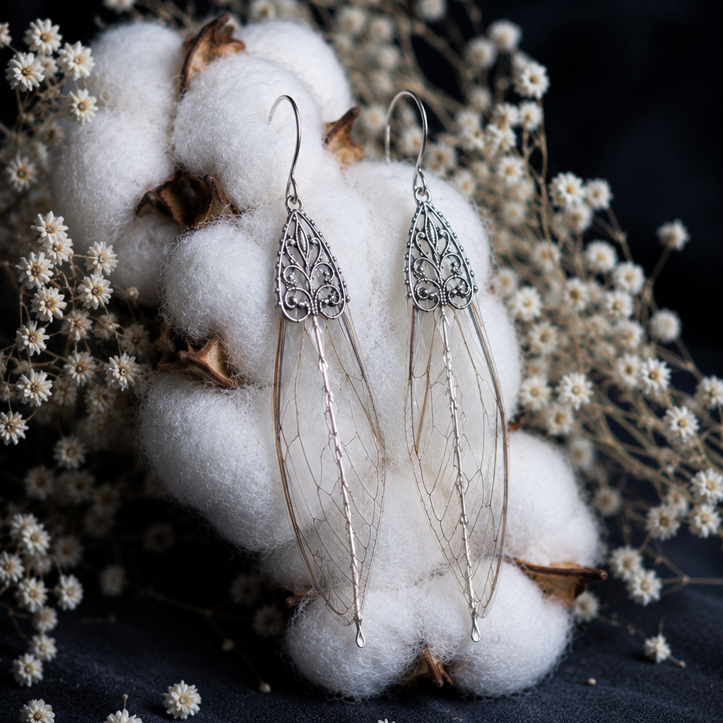Boucles d'oreille Baroco ailes de cigale dorées – estampe baroque ailes de fée | Victorian Rehab