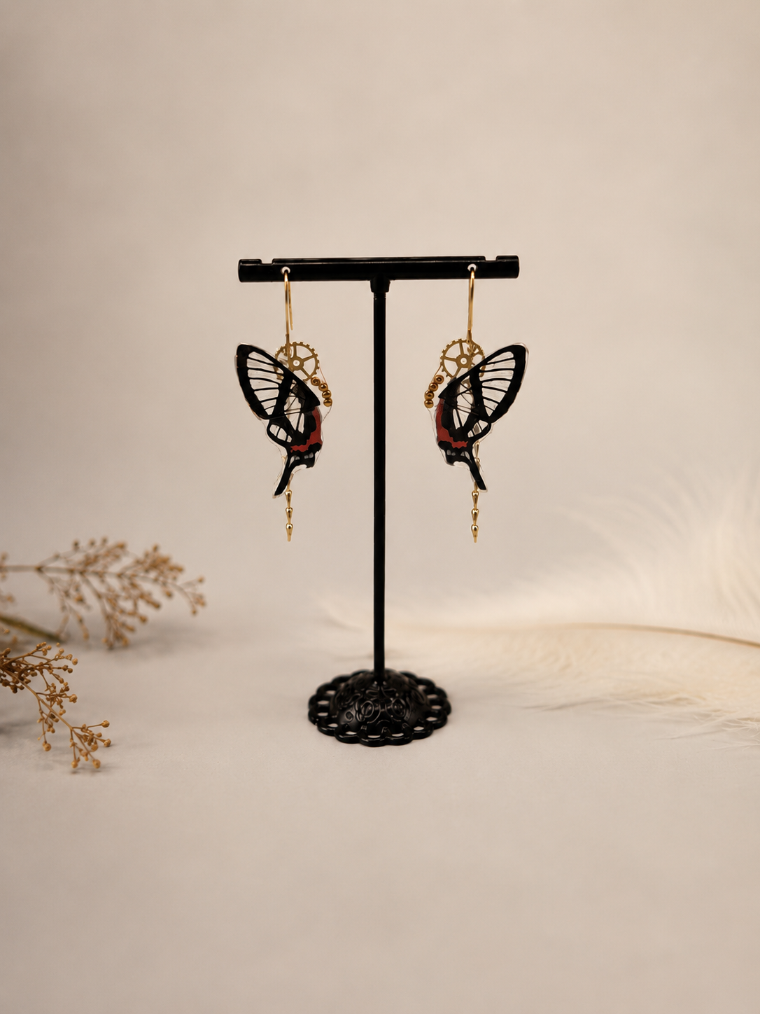 Boucles d'oreille Aponi Sylphina féérique – papillon transparent rouge bijou Art Nouveau Victorian Rehab