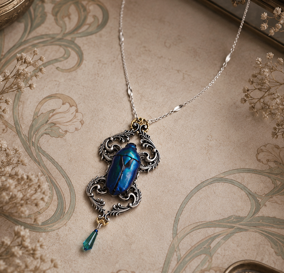Collier Râ – véritable scarabée bleu & vert sur estampe dorée | Victorian Rehab