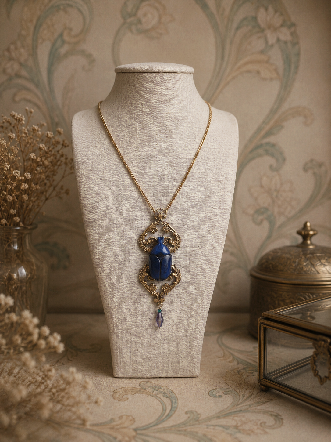 Détail collier Râ – scarabée iridescent bleu vert & perle de verre | Victorian Rehab