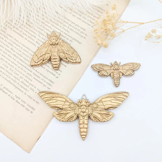 Trois papillons de nuit dorés posés sur un livre ouvert, avec des fleurs séchées à proximité.