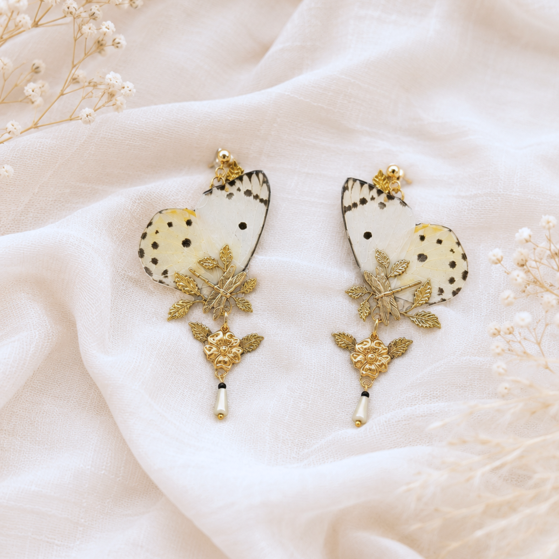 Boucles d'oreille Loreleï papillon Calypso ailes de fée noir blanc doré