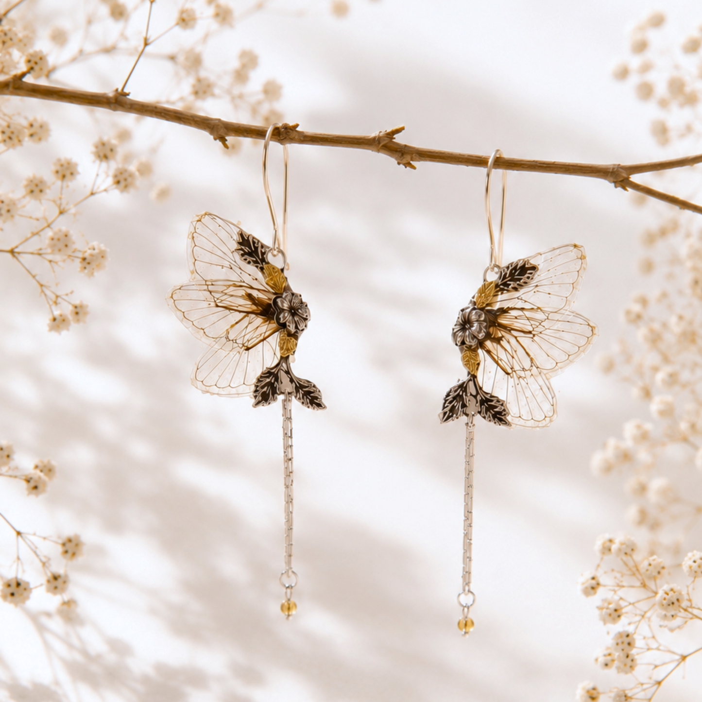Boucles d'oreille Ambrosia ailes de cigale transparentes – bijou éthéré ailes de fée | Victorian Rehab