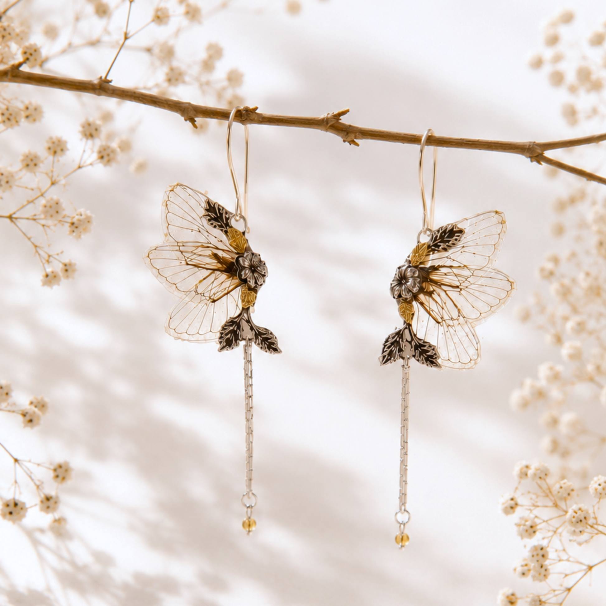 Boucles d'oreille Ambrosia ailes de cigale transparentes – bijou éthéré ailes de fée | Victorian Rehab
