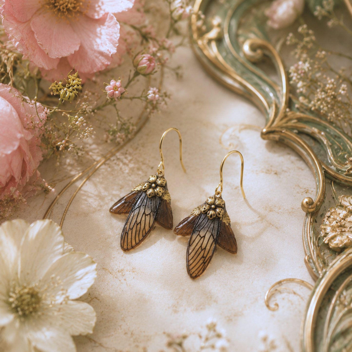 Détail boucles Lyrie cigale ambrée – ailes chaudes laiton doré Victorian Rehab
