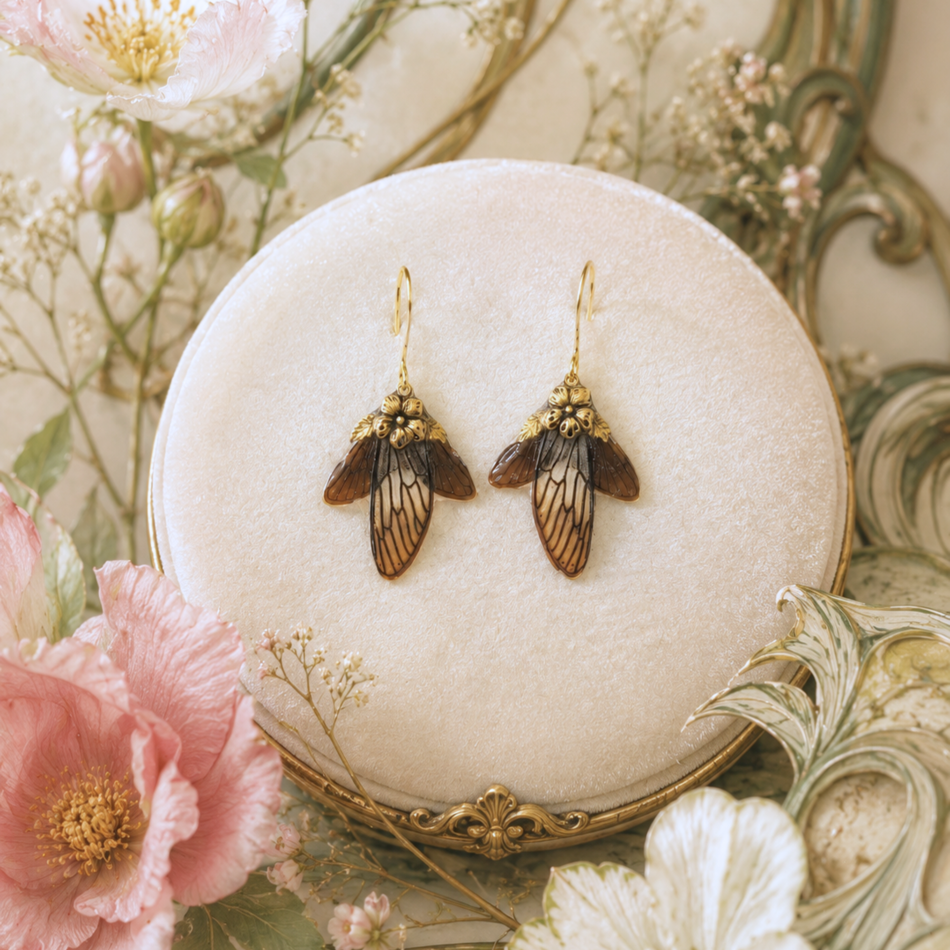 Boucles d'oreille Lyrie cigale ambrée – ailes de fée bijou Art Nouveau | Victorian Rehab