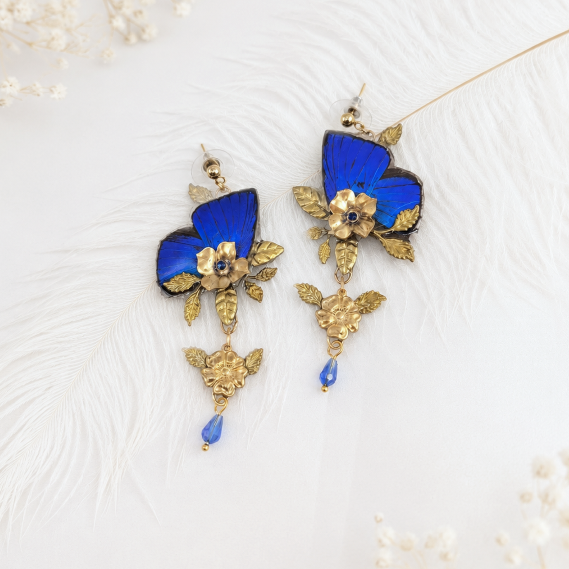 Boucles d'oreille Loreleï papillon Arhopala bleu ailes de fée doré