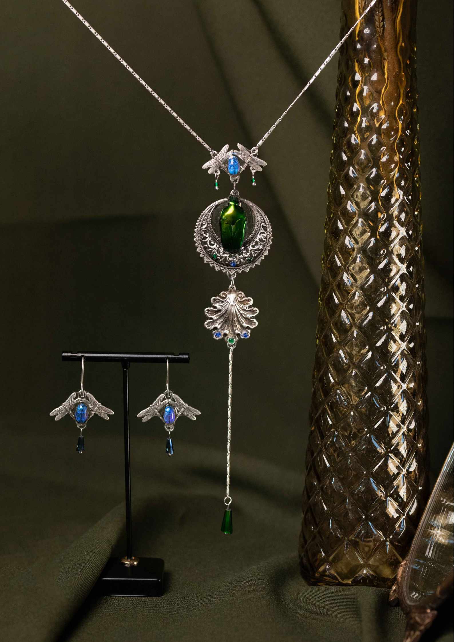 Parure Diva collier & boucles – scarabées bleus Art Nouveau | Victorian Rehab