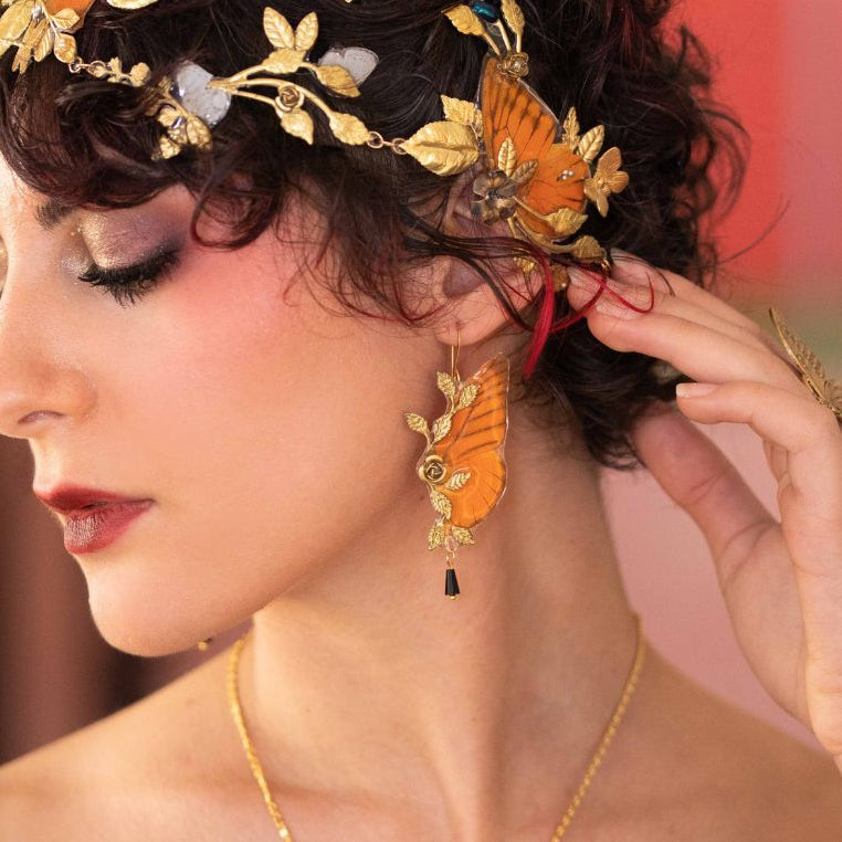 Boucles d'oreille Naturalia papillon Appias Nero – ailes orange brulé et noir Art Nouveau | Victorian Rehab