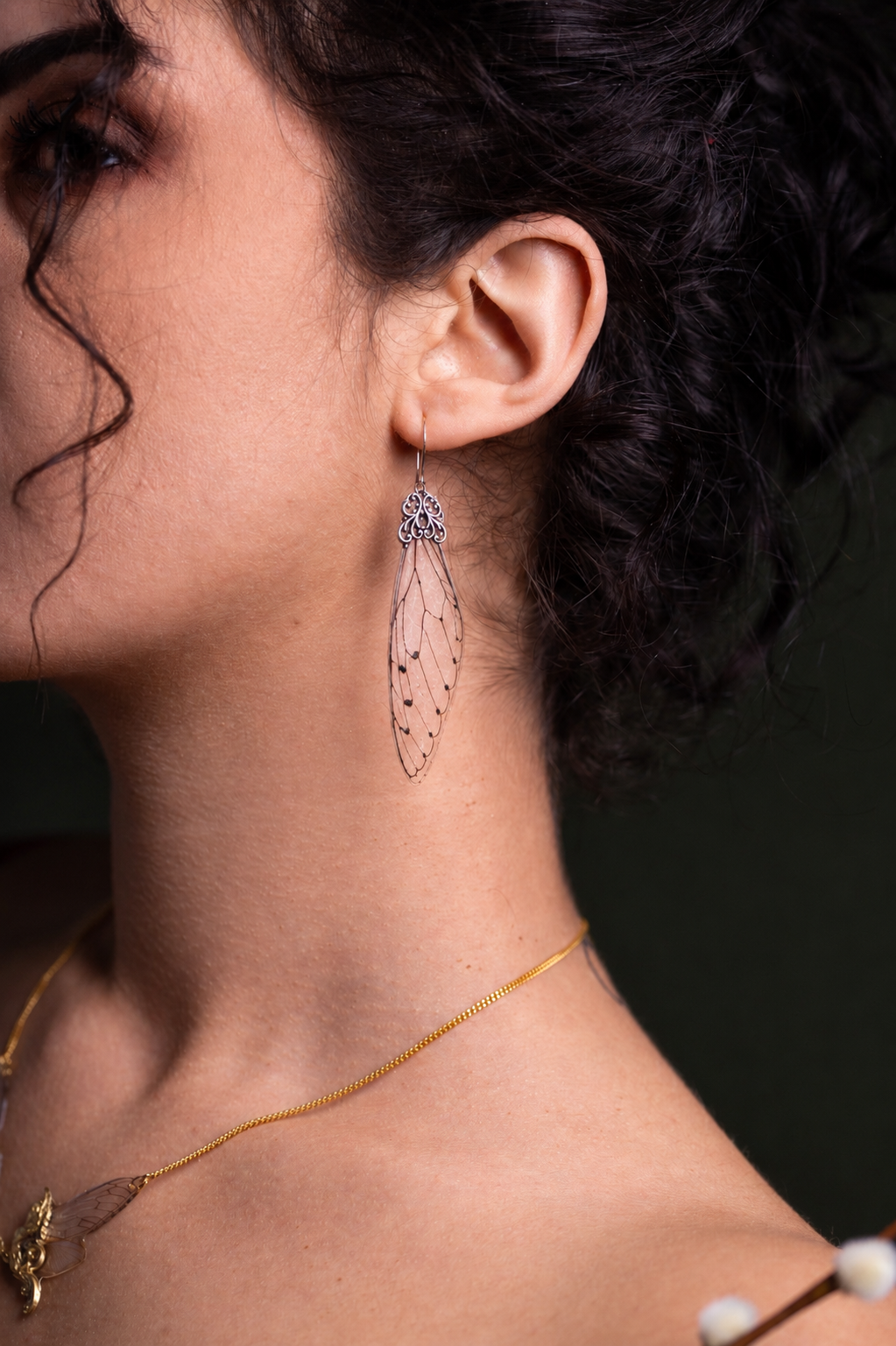 Boucles d'oreille Mucha ailes de cigale argentées – cabinet de curiosité fait main Hérault
