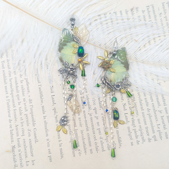 Boucles d’oreilles artisanales Naturalia avec ailes de papillon Green Charaxes, cigale et scarabées verts, création unique Victorian Rehab