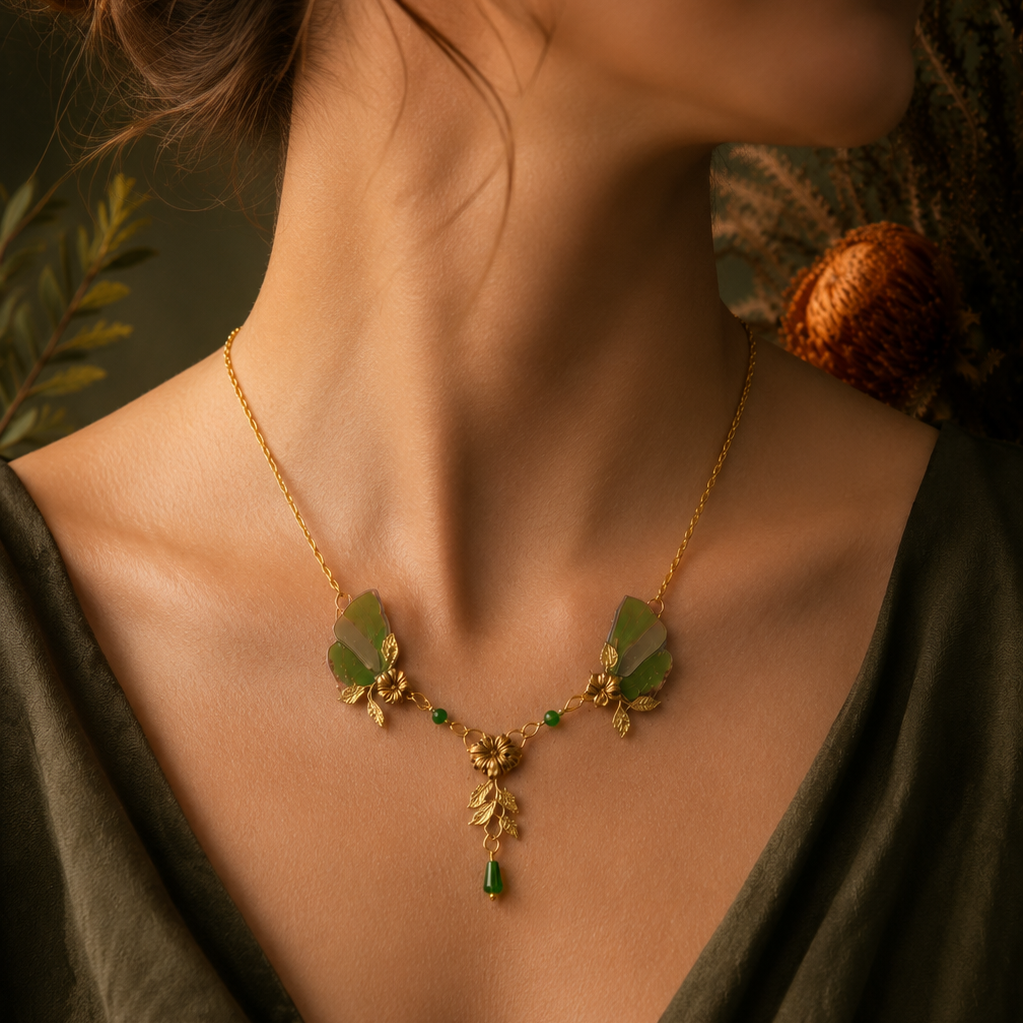 Collier et boucles d'oreille Naturalia vert tilleul assortis – Victorian Rehab
