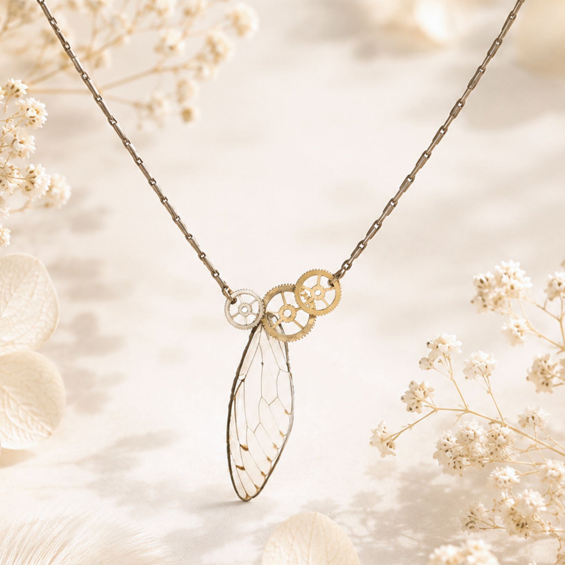 Collier Cigales Cristal engrenages – bijou féérique ailes de cigale Art Nouveau Victorian Rehab