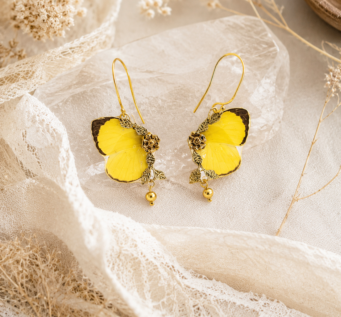 Boucles d'oreille Naturalia Eurema Hécabé jaune et noir – bijou naturaliste Victorian Rehab