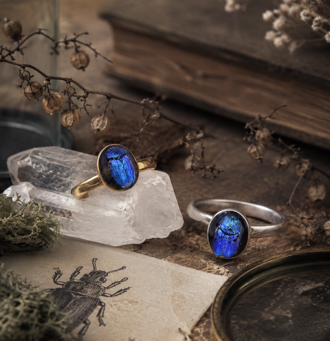 Bague Azur – véritable scarabée bleu iridescent, support réglable | Victorian Rehab
