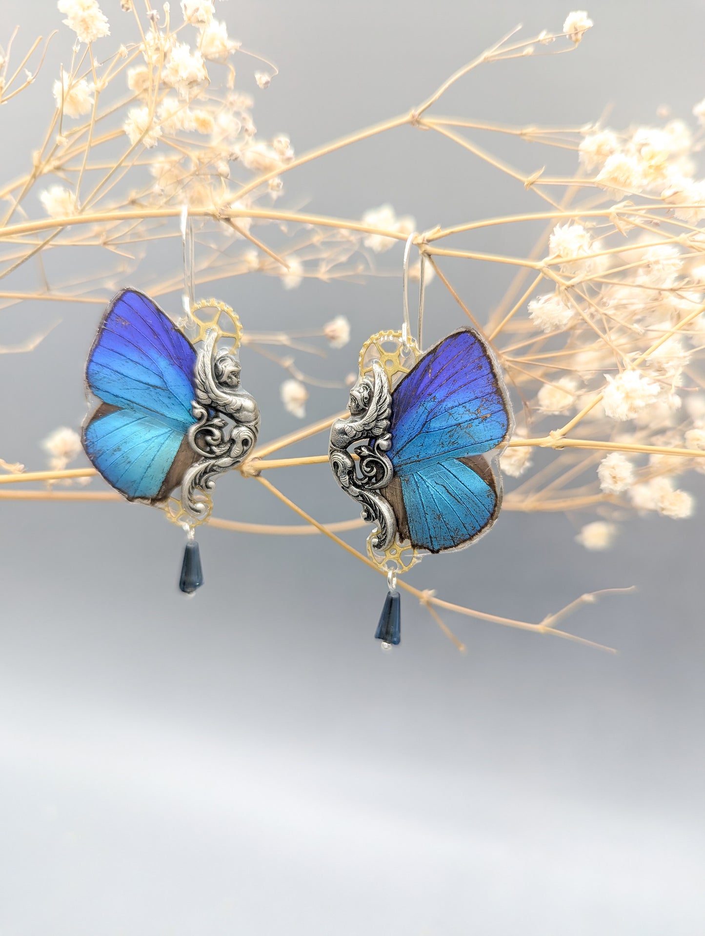 Parure boucles et collier Sphynx Arhopala bleu – Art Nouveau steampunk Victorian Rehab