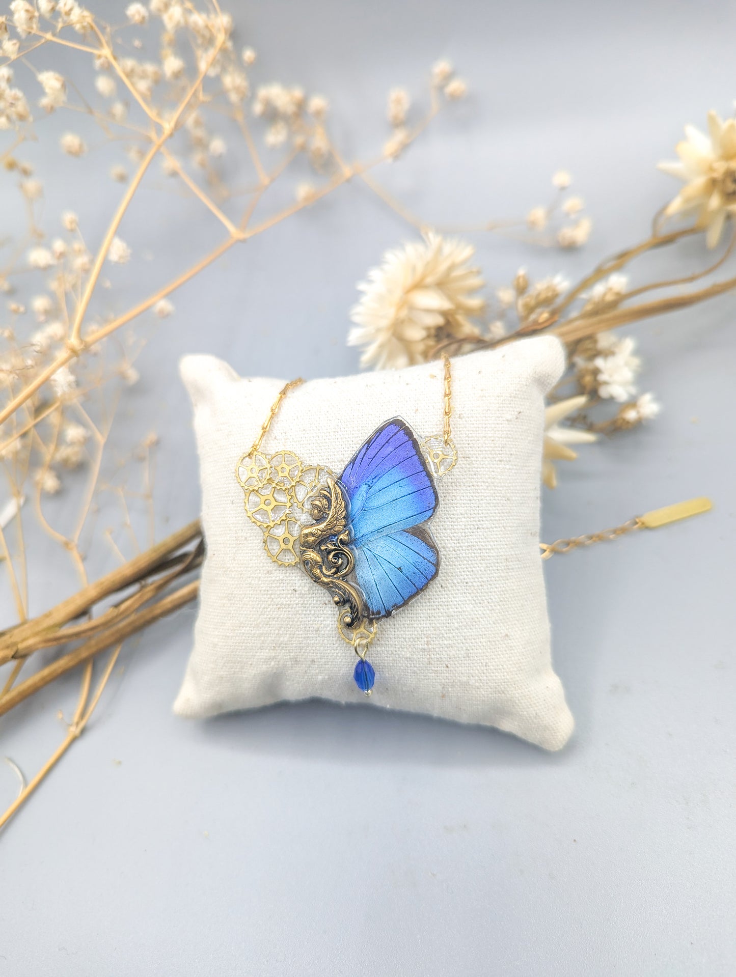 Parure collier et boucles Sphynx Arhopala bleu steampunk – Victorian Rehab atelier Hérault