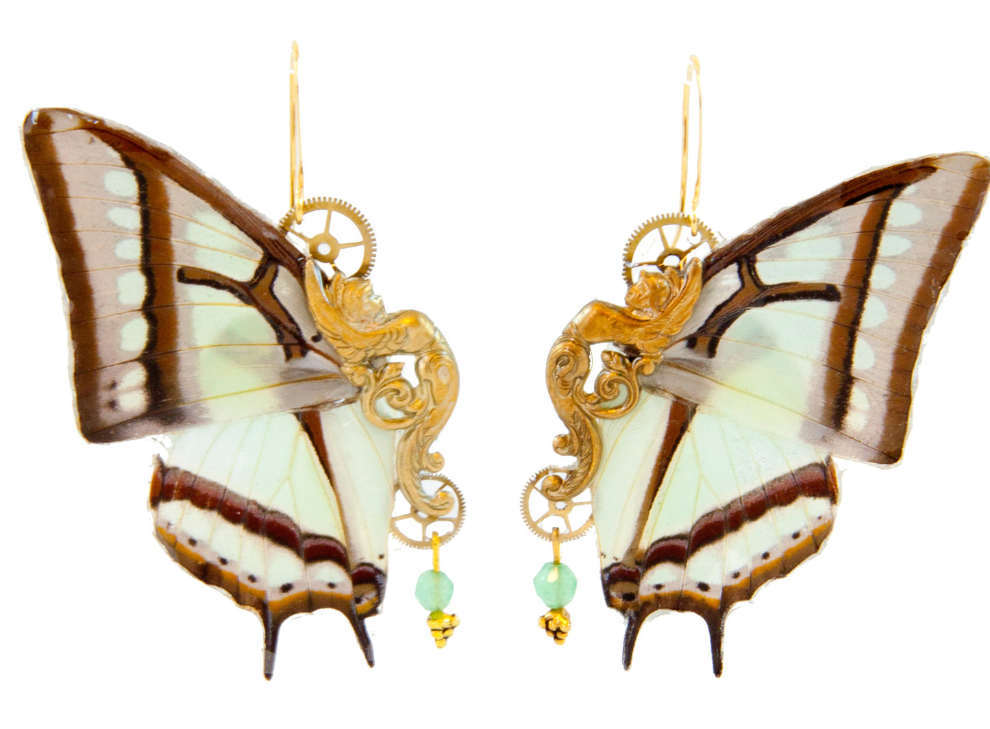 Détail boucles Sphynx Narcaea – aile papillon vert clair laiton doré engrenage montre ancienne fait main