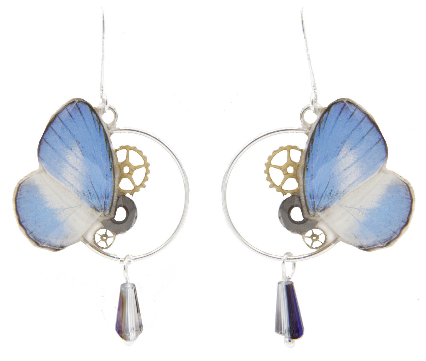 Détail boucles Zéphyr Jamides – aile papillon bleu ciel laiton doré fait main Hérault