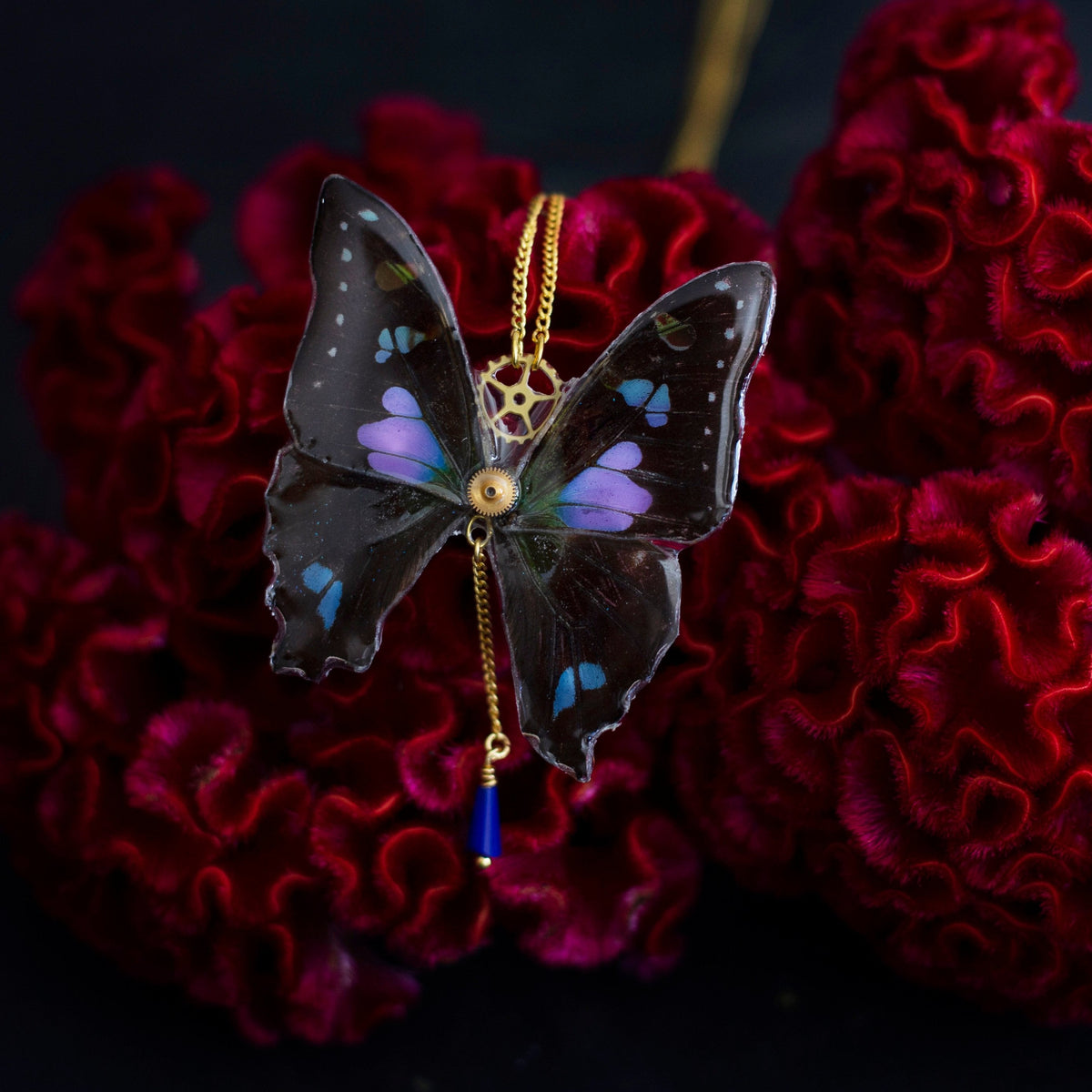 Collier Psyché papillon Graphium Weskei noir violet bleu iridescent – doré Art Nouveau | Victorian Rehab