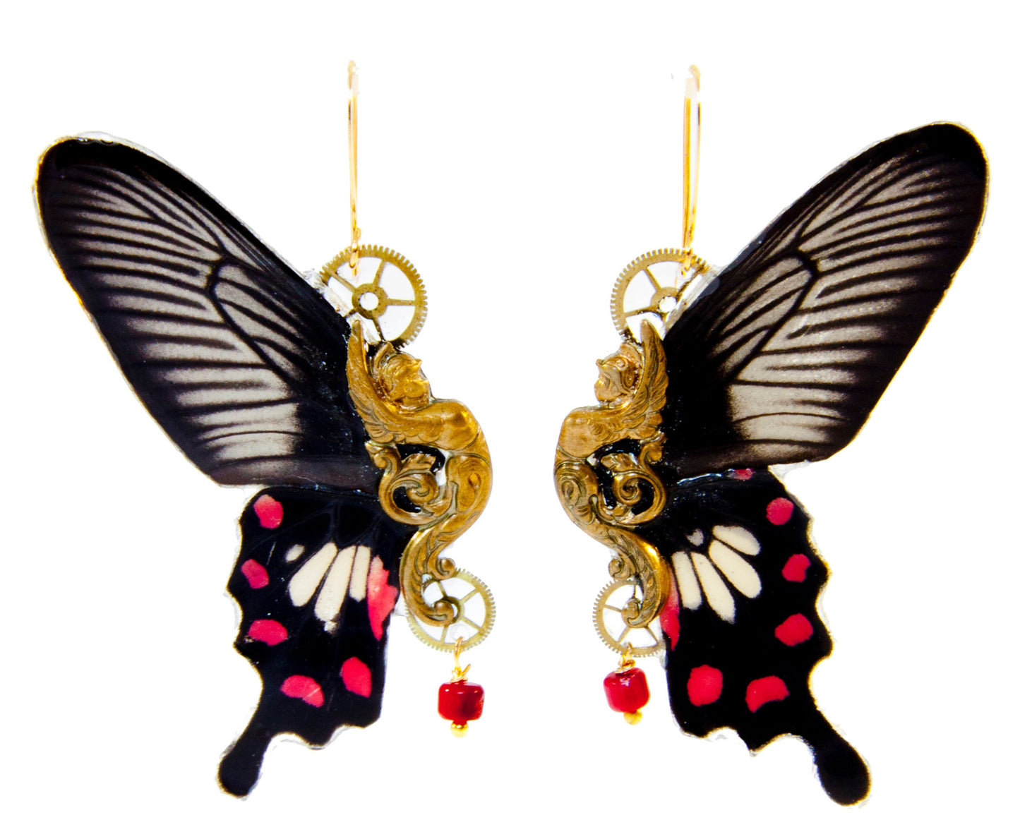 Détail boucles Sphynx Pachliopta – aile papillon noir blanc rouge laiton doré engrenage fait main Hérault