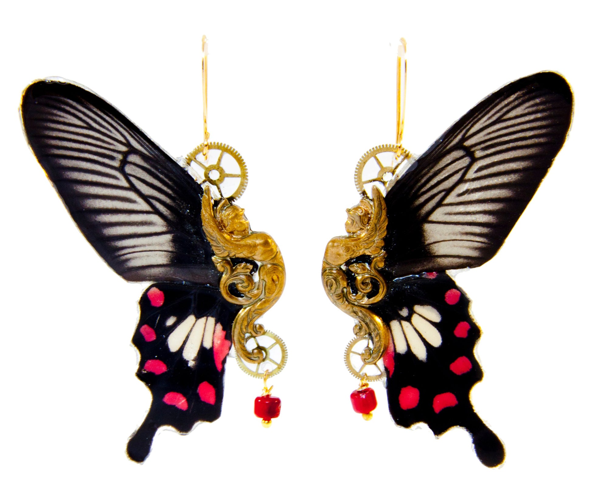 Détail boucles Sphynx Pachliopta – aile papillon noir blanc rouge laiton doré engrenage fait main Hérault