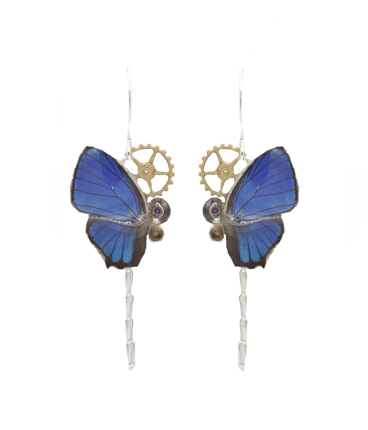 Détail boucles Aponi Hypocrysops – aile papillon bleu roi noir engrenage montre ancienne fait main