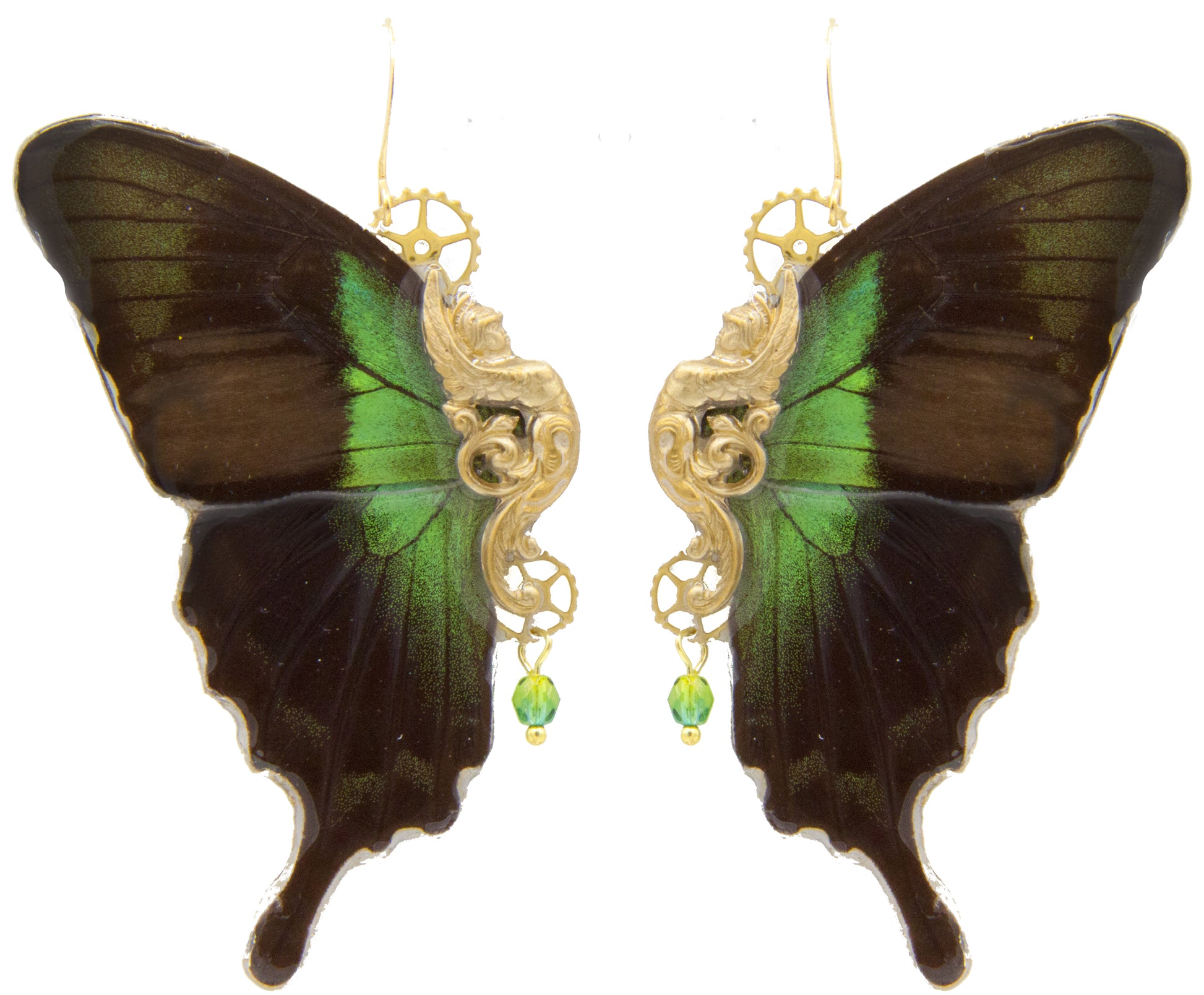 Détail boucles Sphynx Papilio Peranthus – aile papillon vert émeraude noir laiton doré engrenage fait main