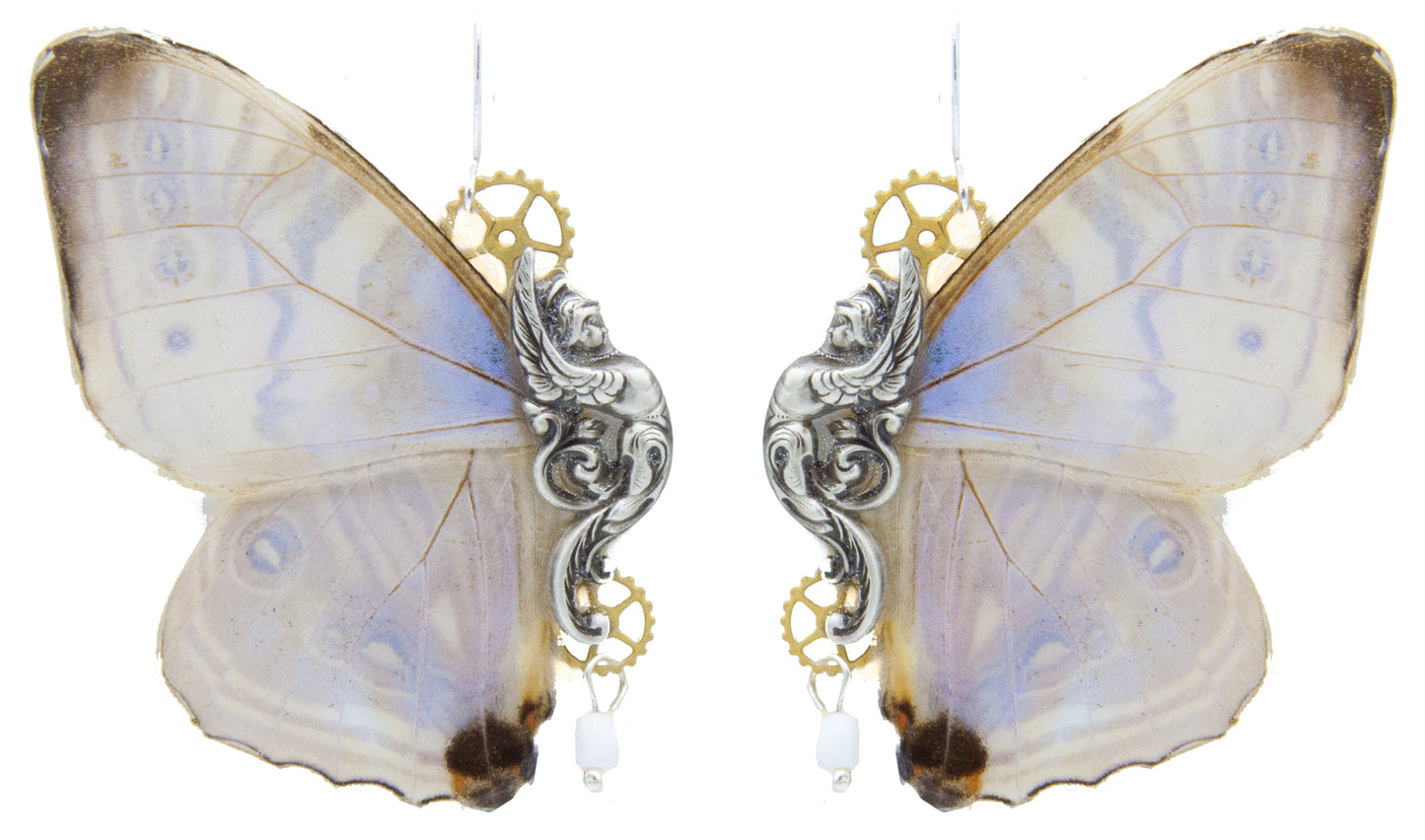 Boucles Sphynx Morpho Sulkowskyi version argentée – papillon holographique bijou Art Nouveau Victorian Rehab