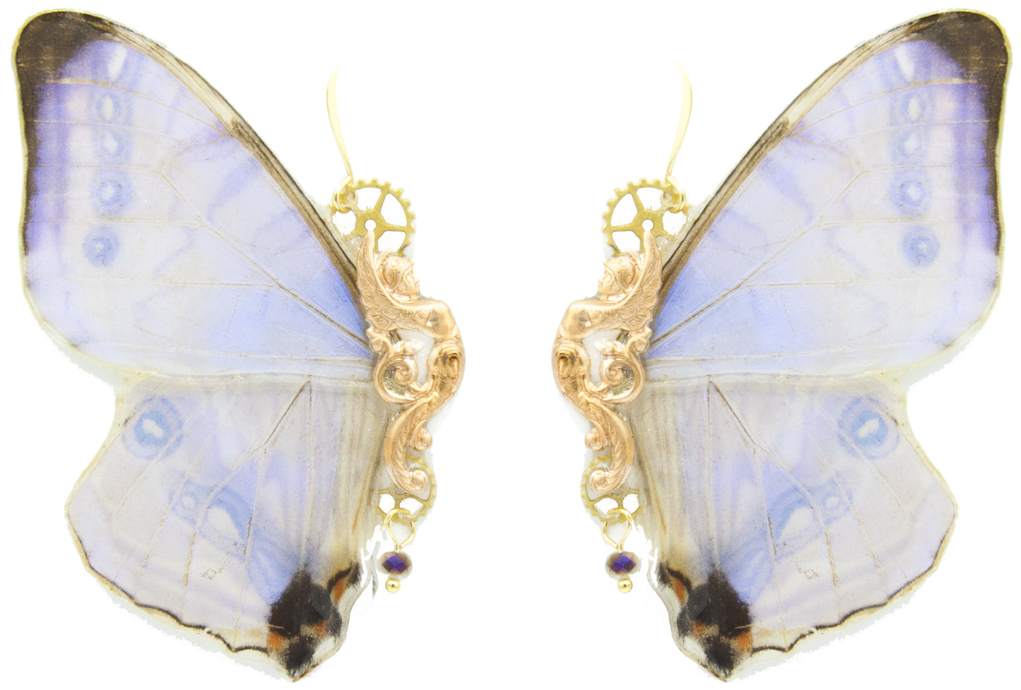 Boucles d'oreille Morpho Sulkowskyi holographique portées – bijou rare fait main France Victorian Rehab