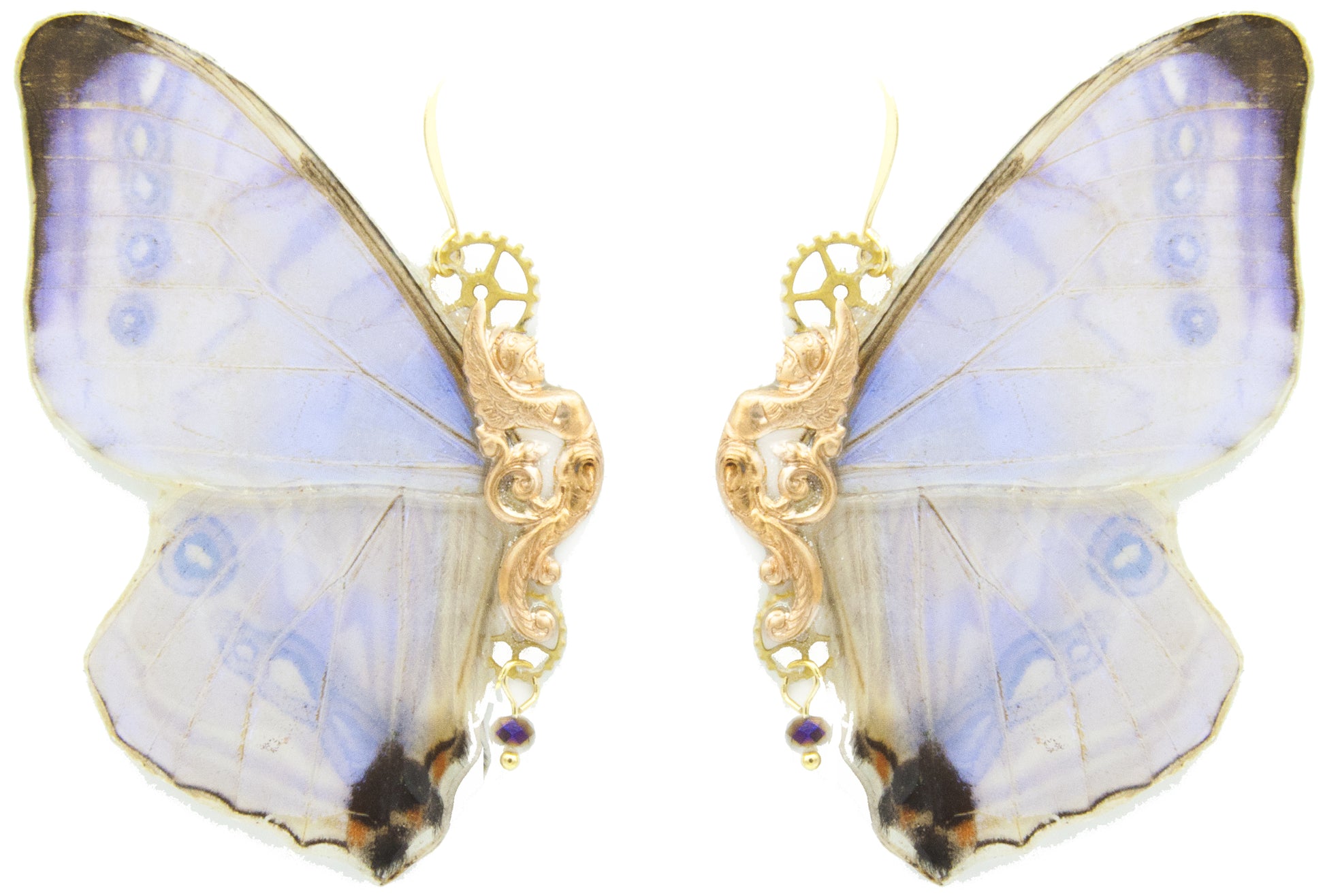 Boucles d'oreille Morpho Sulkowskyi holographique portées – bijou rare fait main France Victorian Rehab