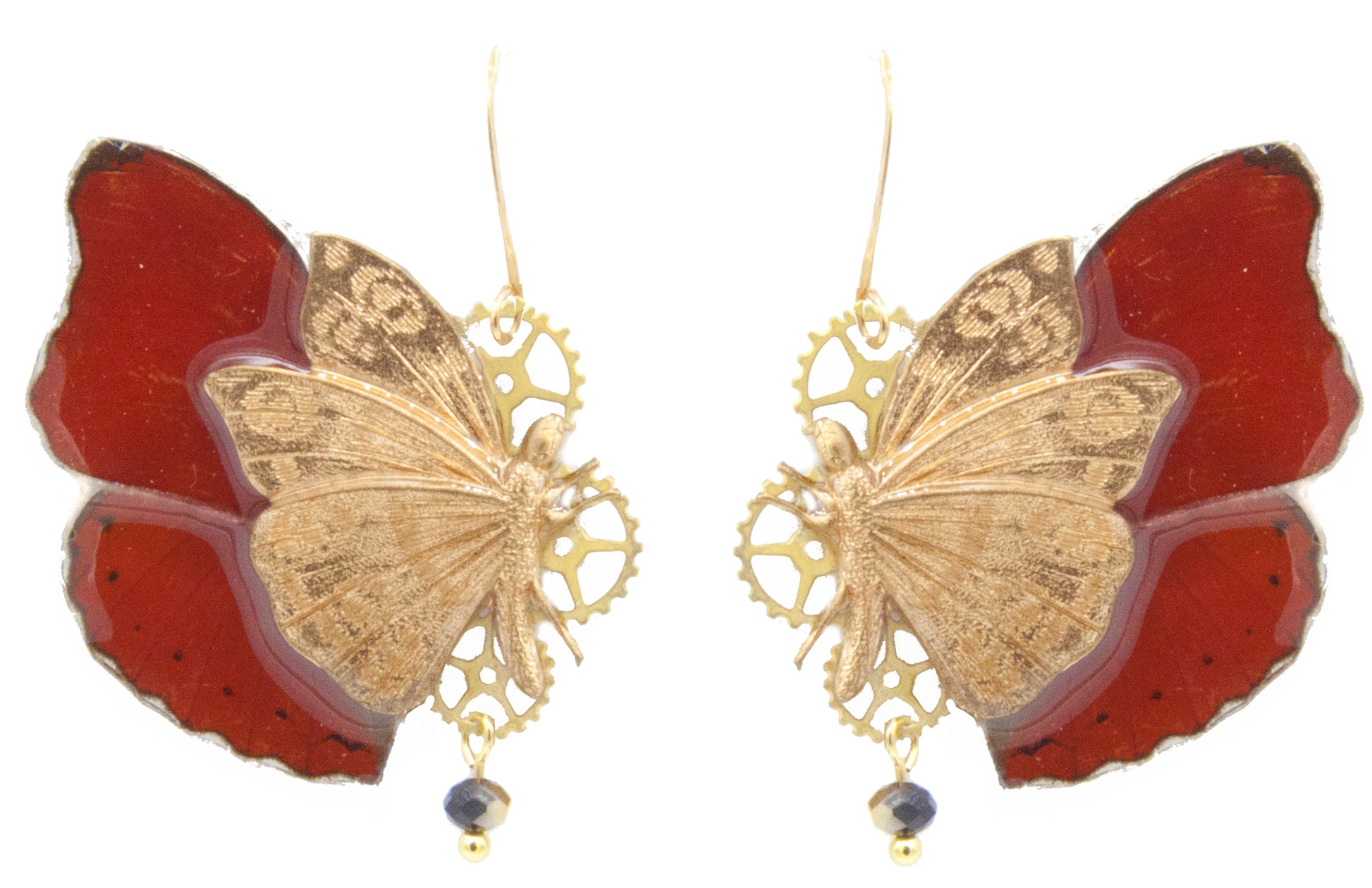 Détail boucles Chrysalide Cymothoe Sangaris – aile papillon rouge intense laiton doré engrenage fait main