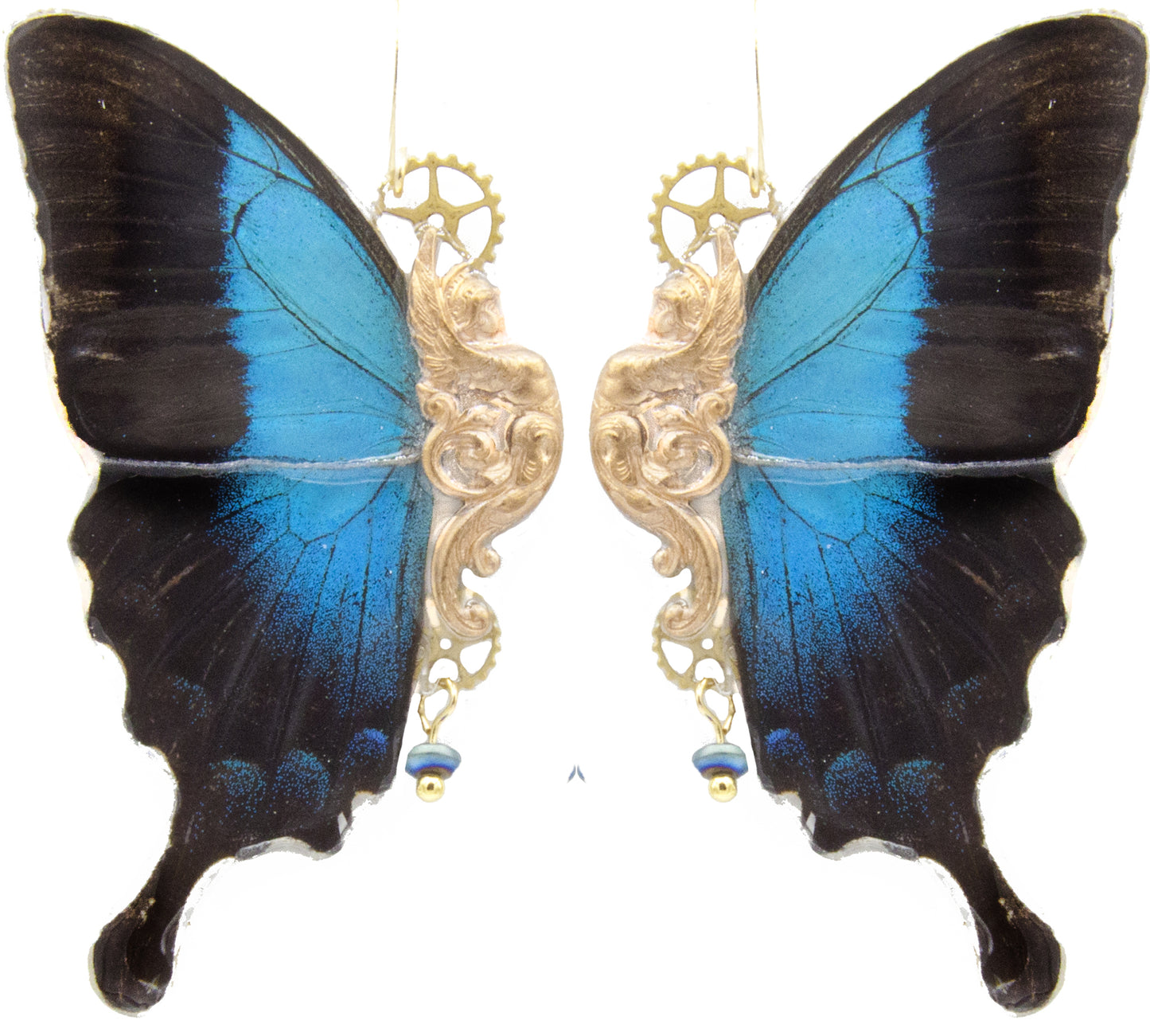 Boucles Sphynx Graphium Pericles version argentée – bijou Art Nouveau papillon bleu Victorian Rehab