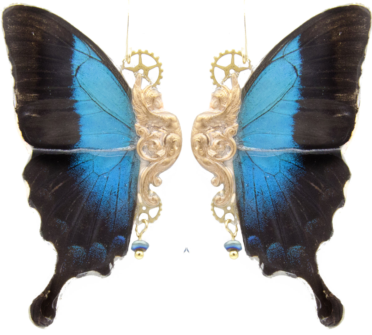Boucles Sphynx Graphium Pericles version argentée – bijou Art Nouveau papillon bleu Victorian Rehab