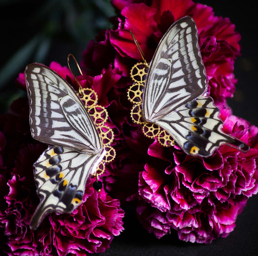 Boucles d'oreille Pandore papillon Papilio Xuthus brun – engrenage horlogerie doré Art Nouveau | Victorian Rehab
