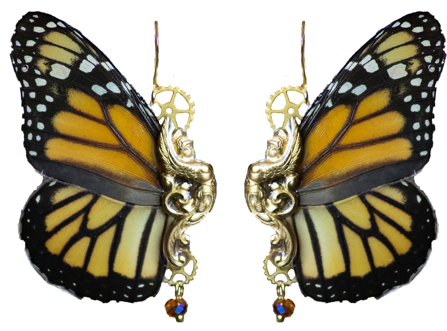 Détail boucles Sphynx Monarque – aile papillon Danaus Plexippus orange brun noir laiton engrenage fait main