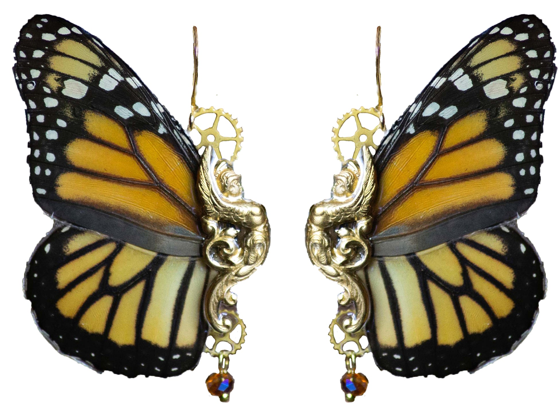 Détail boucles Sphynx Monarque – aile papillon Danaus Plexippus orange brun noir laiton engrenage fait main