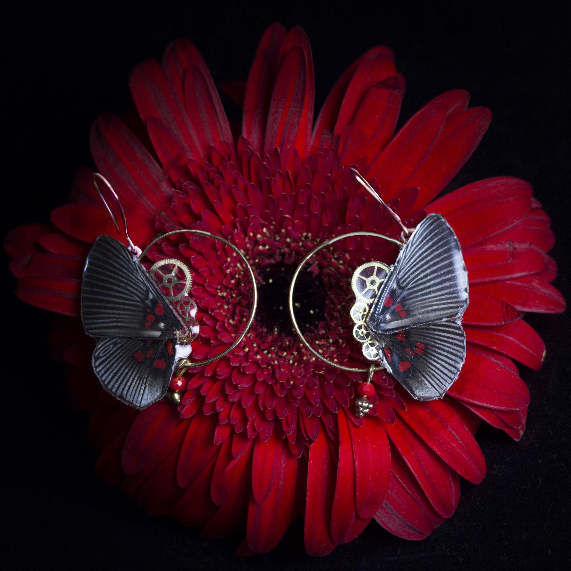 Boucles d'oreille Minimago papillon Lyropterix Apolonia noir rouge – engrenage doré Art Nouveau | Victorian Rehab