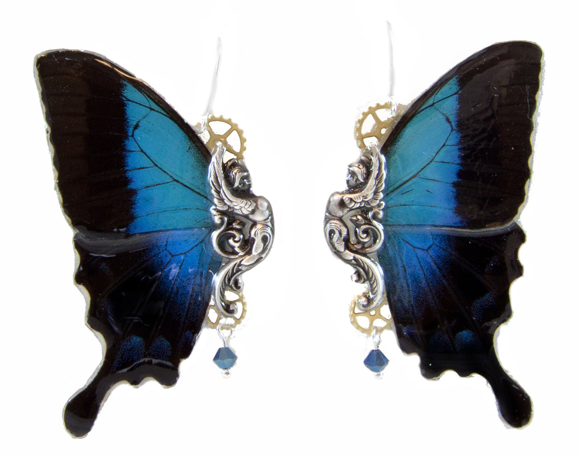 Détail boucles Sphynx Graphium Pericles – aile papillon bleu turquoise noir laiton engrenage fait main