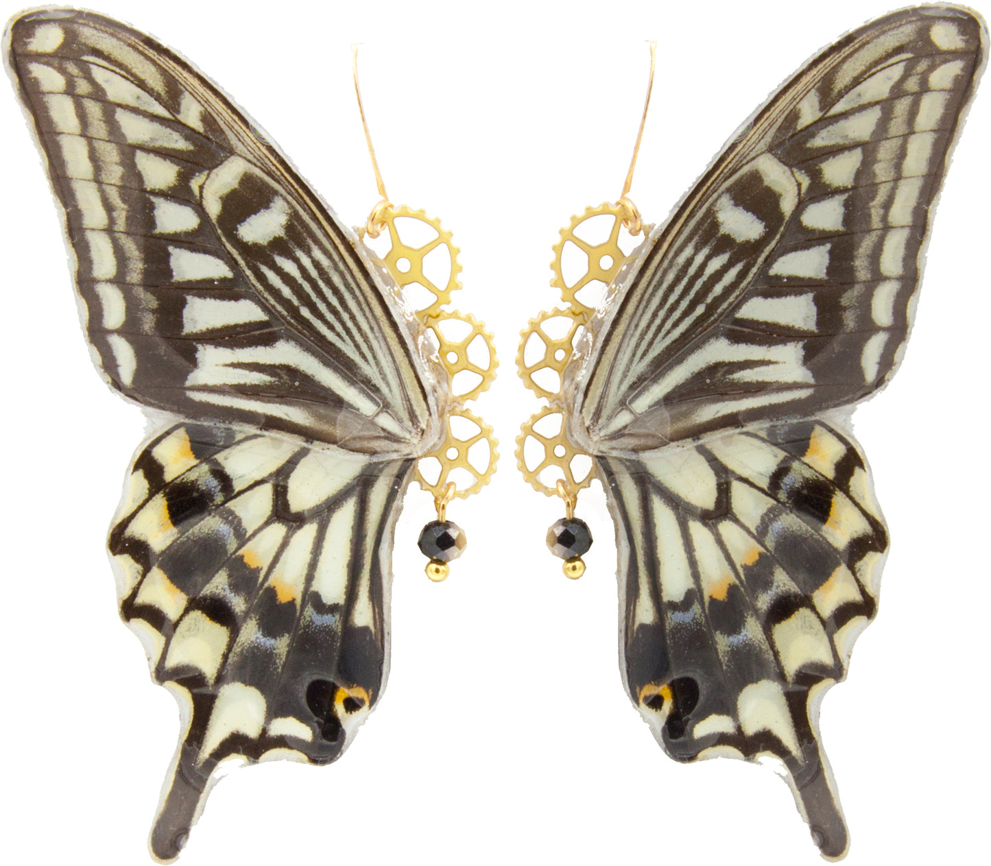 Détail boucles Pandore Papilio Xuthus – aile papillon brun nervures graphiques laiton doré engrenage fait main