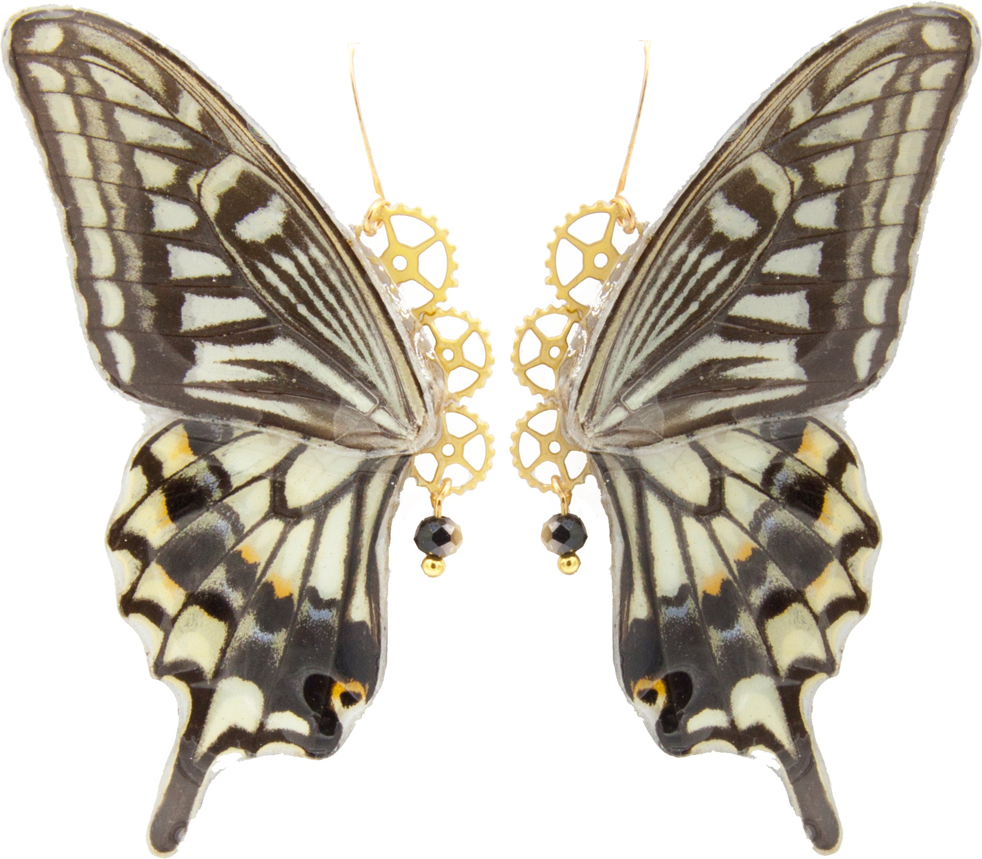 Détail boucles Pandore Papilio Xuthus – aile papillon brun nervures graphiques laiton doré engrenage fait main